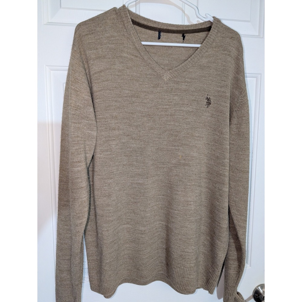 U.S. Polo Assn. Men's XL V-Neck Sweater Taupe Brown Preppy Grandpa Core